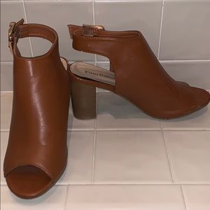 Brown leather open-toe bootie wedges